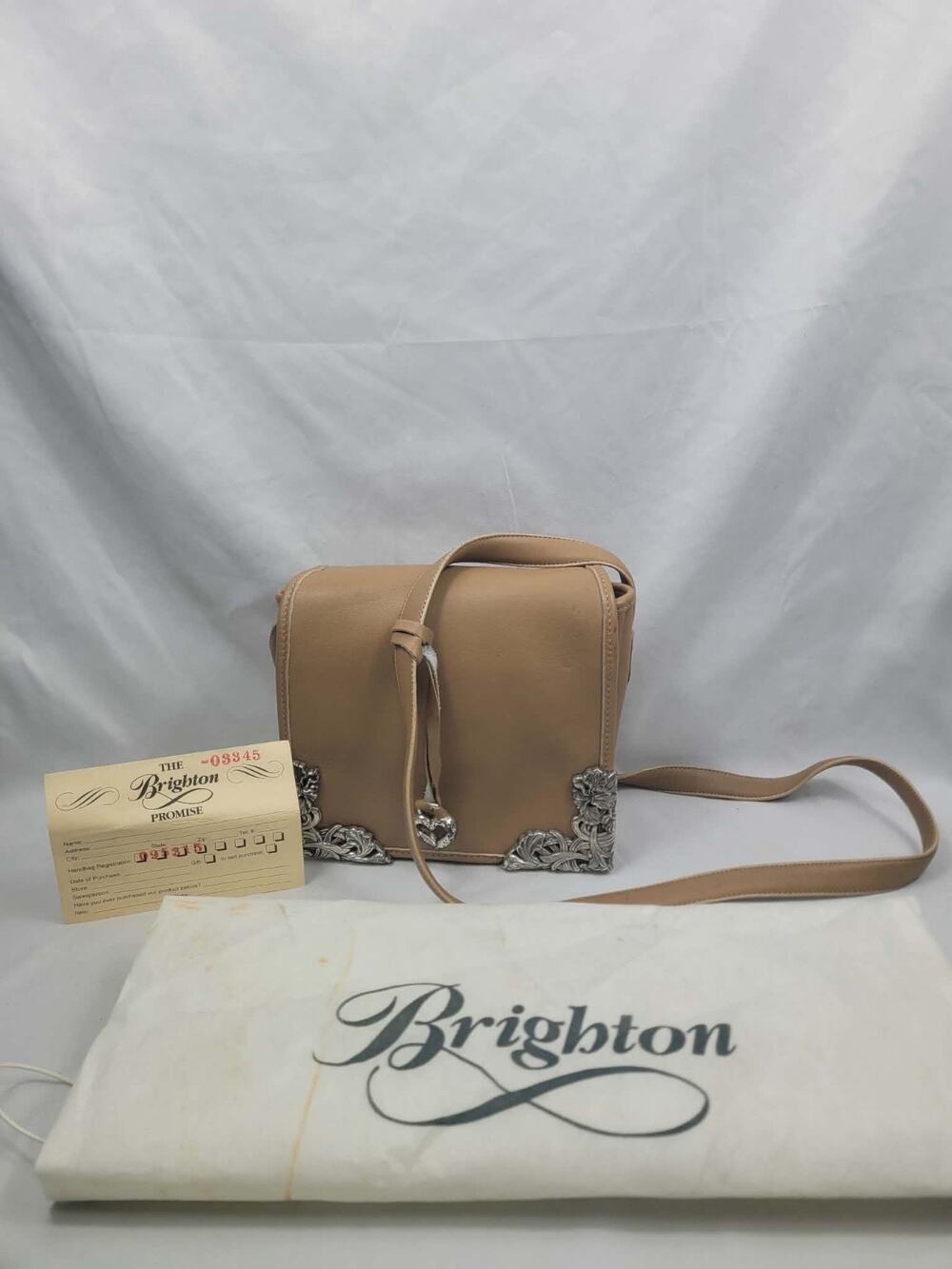 BRIGHTON Brown Flap Shoulder Bag Purse Silver Flowered Edges Vintage Dustbag
